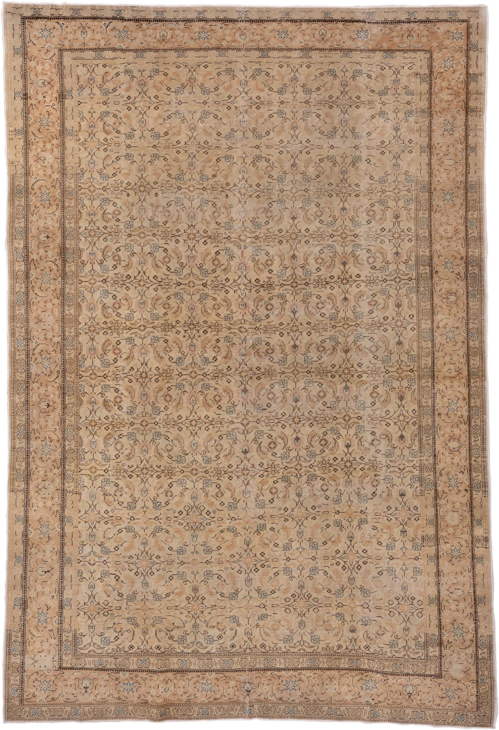 6' x 9' one-of-a-kind handmade vintage Kaisary medium size rug. Color palette: beige, taupe, camel, ivory, slate, brown