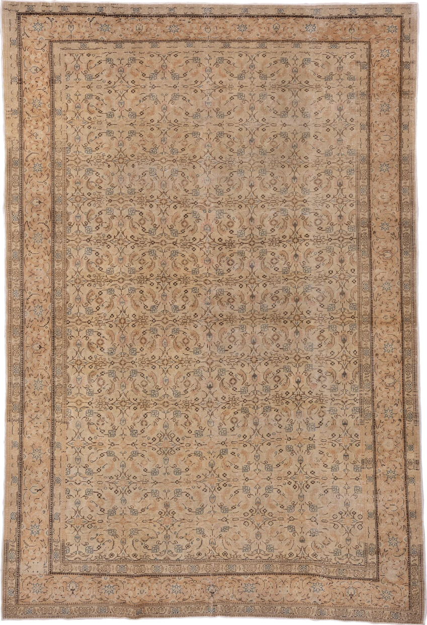 6' x 9' one-of-a-kind handmade vintage Kaisary medium size rug. Color palette: beige, taupe, camel, ivory, slate, brown