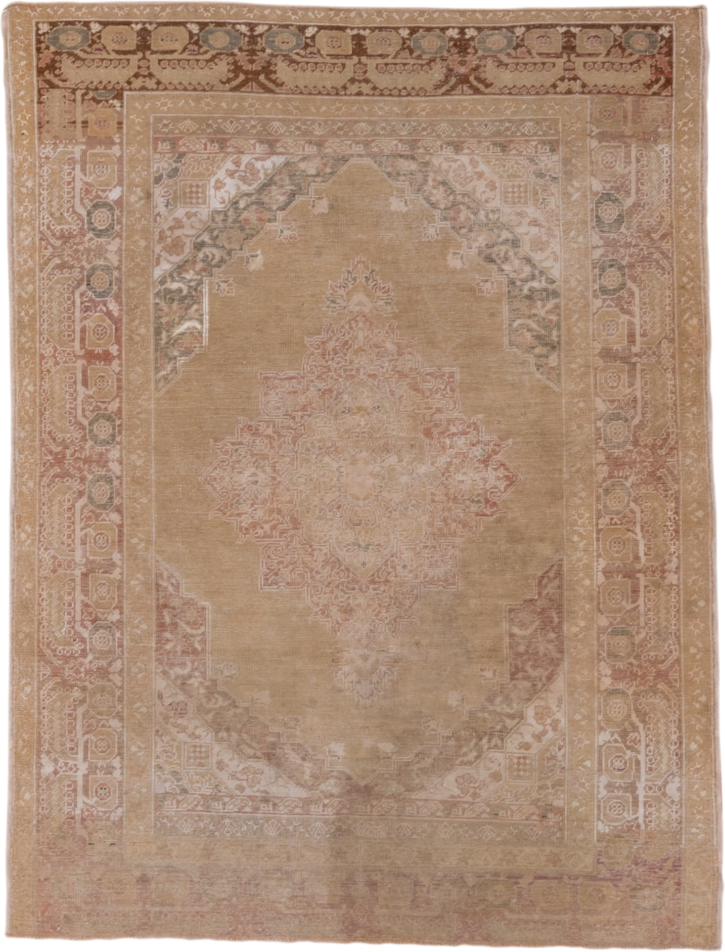 4' x 5' one-of-a-kind handmade vintage Kaisary small size rug. Color palette: camel, taupe, rose, ivory, sage, terra cotta