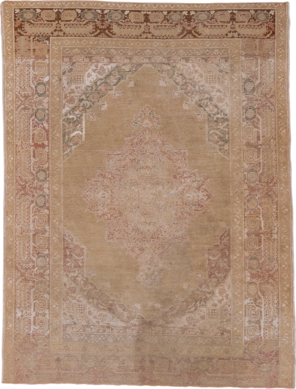 4' x 5' one-of-a-kind handmade vintage Kaisary small size rug. Color palette: camel, taupe, rose, ivory, sage, terra cotta