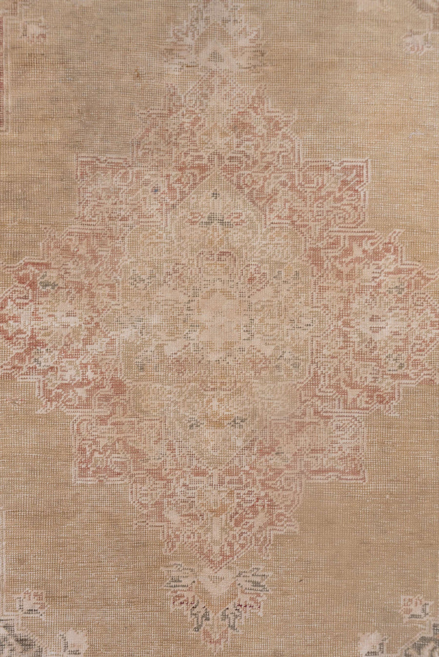 4' x 5' one-of-a-kind handmade vintage Kaisary small size rug. Color palette: camel, taupe, rose, ivory, sage, terra cotta