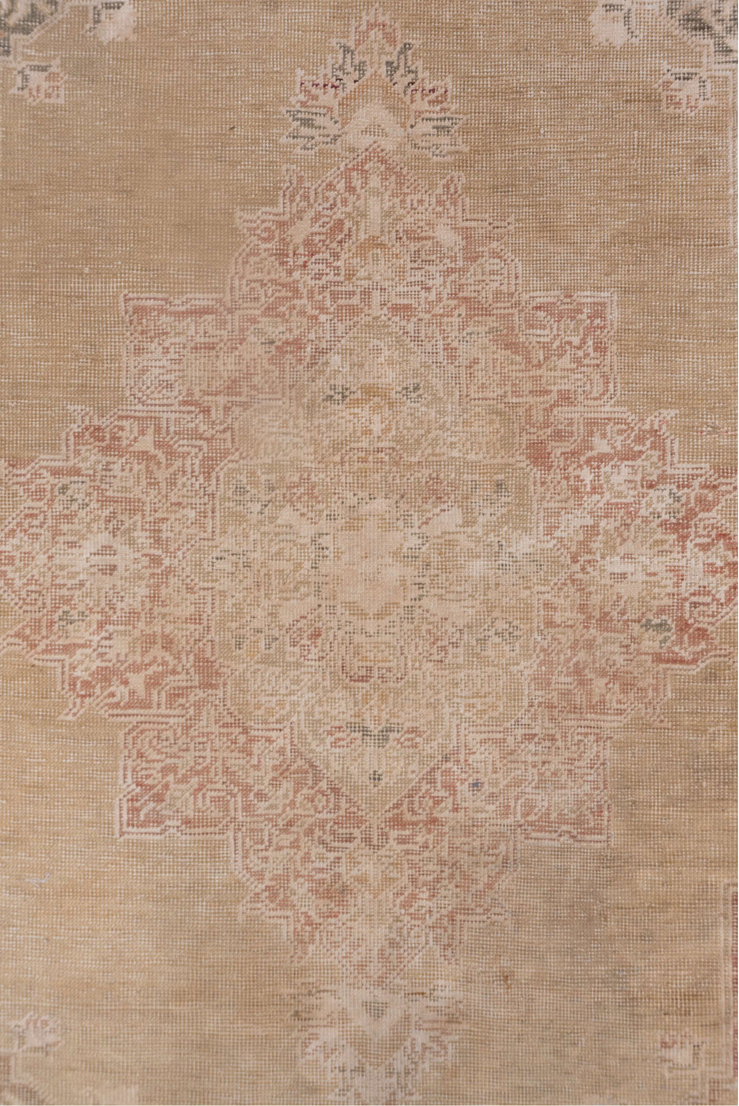 4' x 5' one-of-a-kind handmade vintage Kaisary small size rug. Color palette: camel, taupe, rose, ivory, sage, terra cotta
