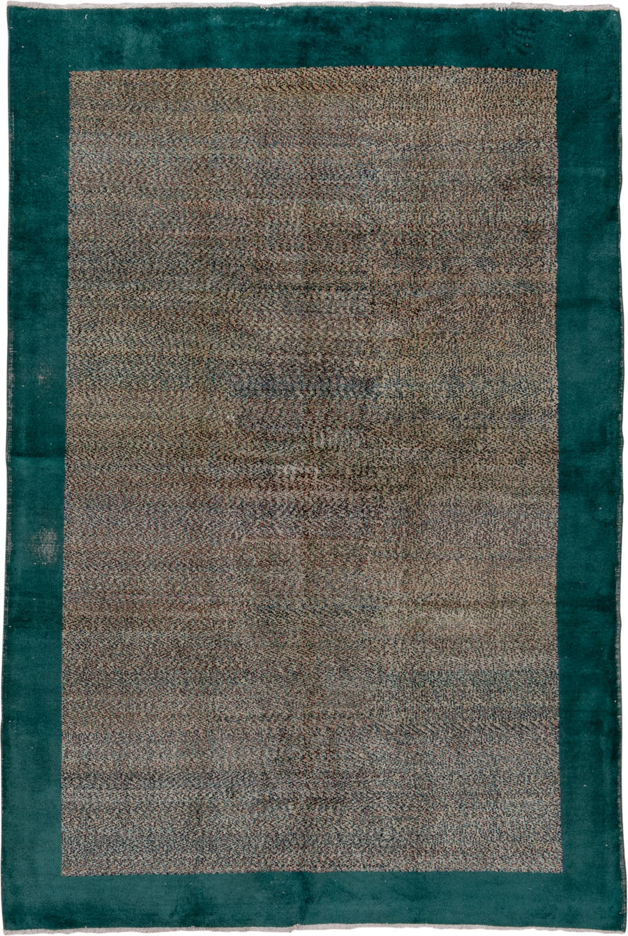 6' x 9' one-of-a-kind handmade vintage Oushak medium size rug. Color palette: taupe, teal, charcoal, ivory, brown, beige
