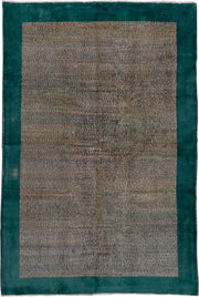 6' x 9' one-of-a-kind handmade vintage Oushak medium size rug. Color palette: taupe, teal, charcoal, ivory, brown, beige