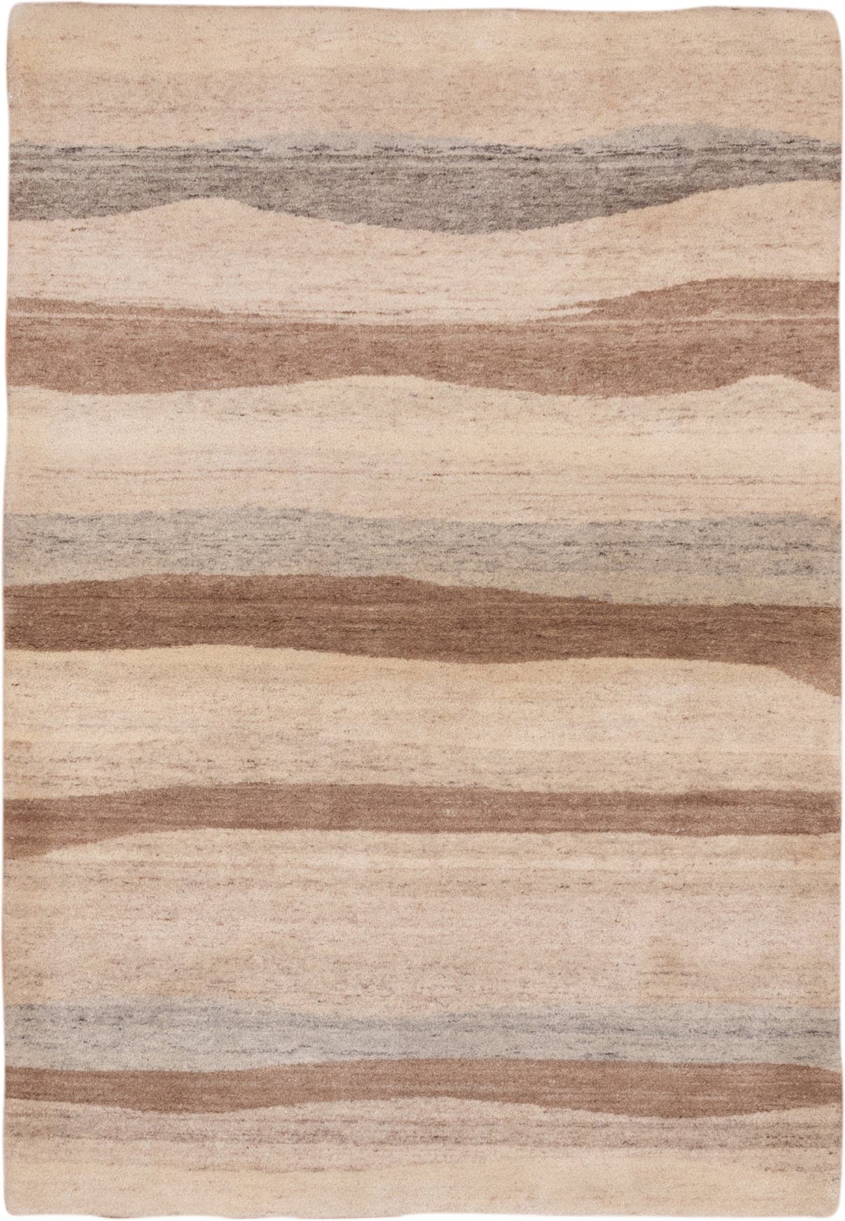 4' x 6' one-of-a-kind handmade vintage Ocean small size rug. Color palette: ivory, taupe, camel, gray, beige