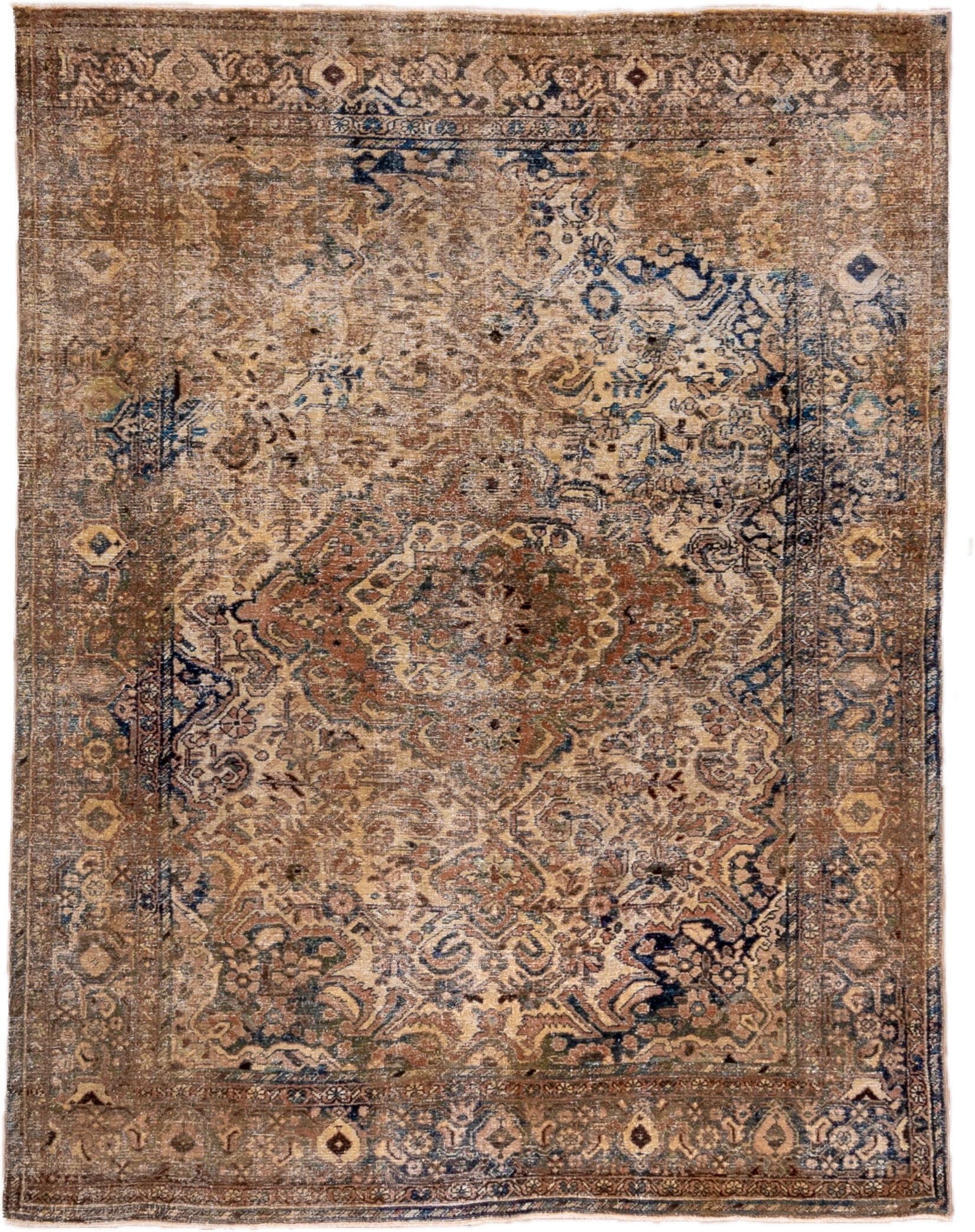 5' x 6' one-of-a-kind handmade vintage Sivas rug. Color palette: taupe, brown, ivory, terra cotta, navy, slate, camel, sage
