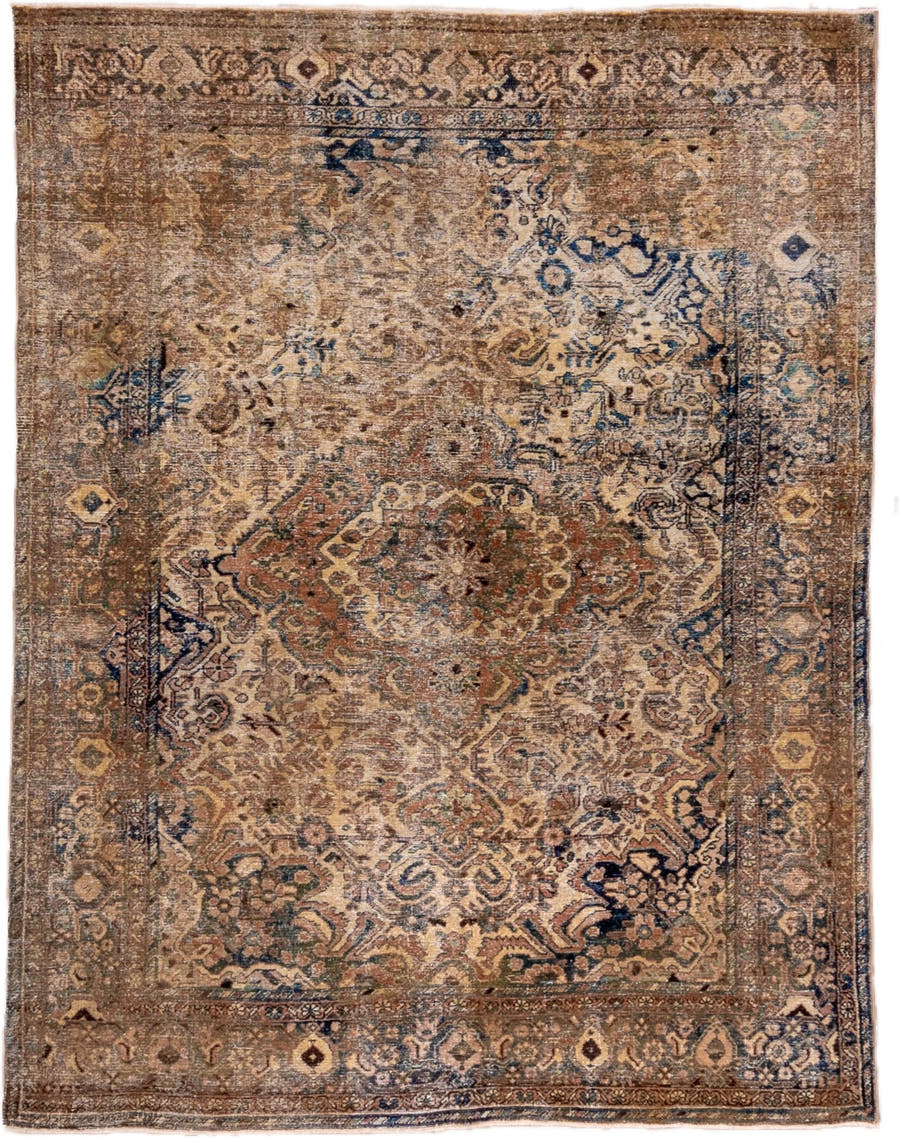 5' x 6' one-of-a-kind handmade vintage Sivas rug. Color palette: taupe, brown, ivory, terra cotta, navy, slate, camel, sage