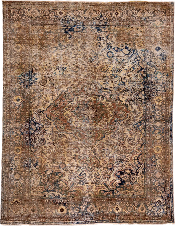 5' x 6' one-of-a-kind handmade vintage Sivas rug. Color palette: taupe, brown, ivory, terra cotta, navy, slate, camel, sage