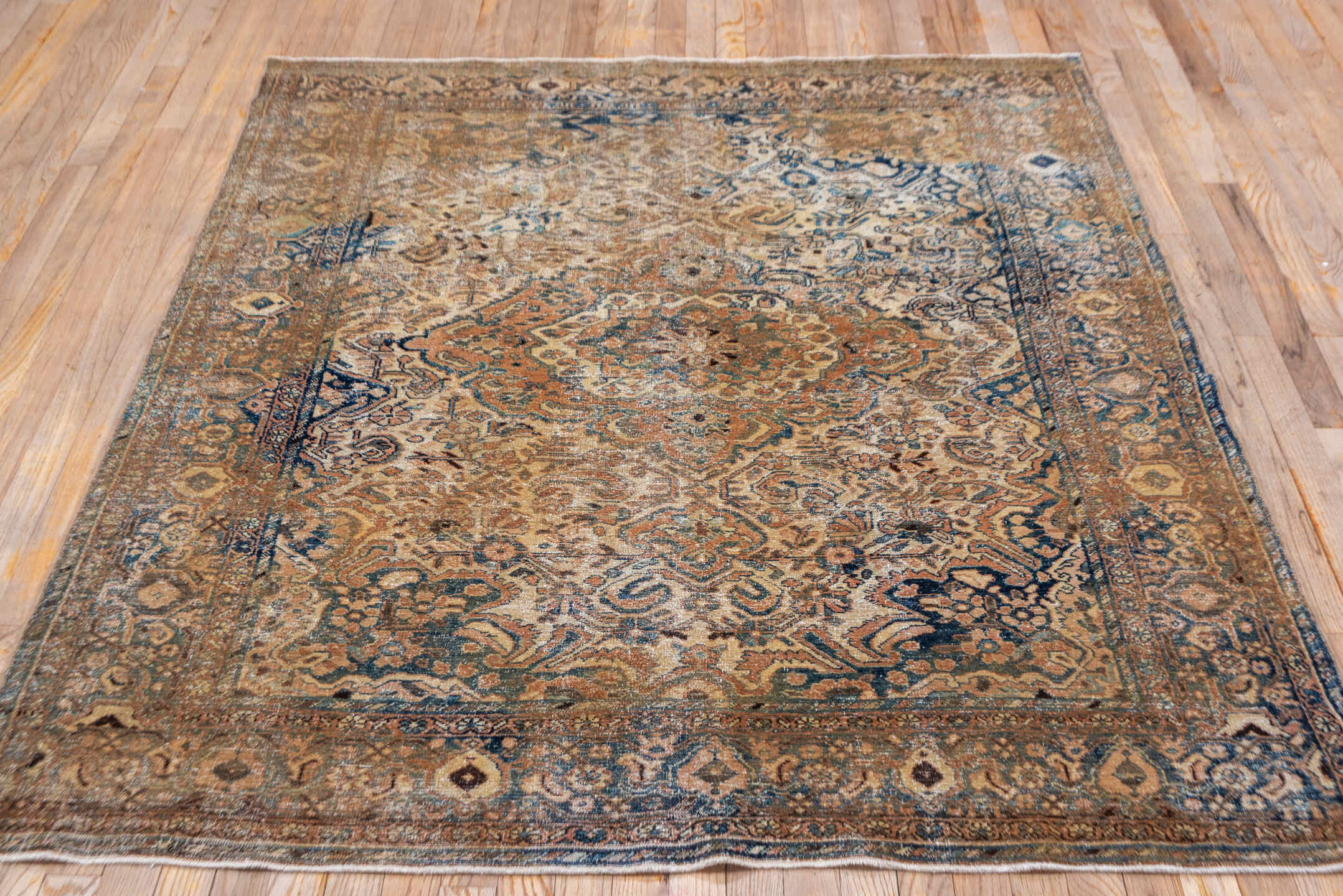 5' x 6' one-of-a-kind handmade vintage Sivas rug. Color palette: taupe, brown, ivory, terra cotta, navy, slate, camel, sage