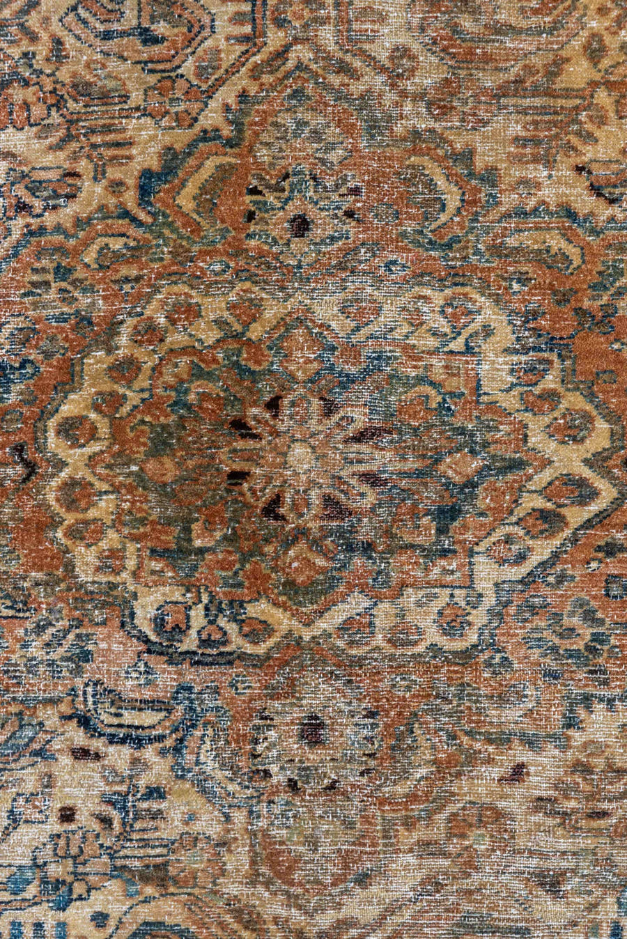 5' x 6' one-of-a-kind handmade vintage Sivas rug. Color palette: taupe, brown, ivory, terra cotta, navy, slate, camel, sage