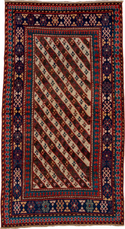 3' x 7' one-of-a-kind handmade vintage Kazak rug. Color palette: ivory, navy, teal, rust, crimson, gold, blue, terracotta