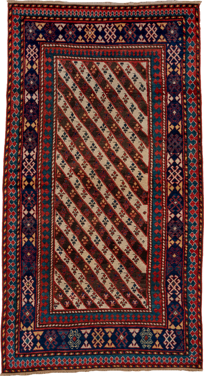 3' x 7' one-of-a-kind handmade vintage Kazak rug. Color palette: ivory, navy, teal, rust, crimson, gold, blue, terracotta