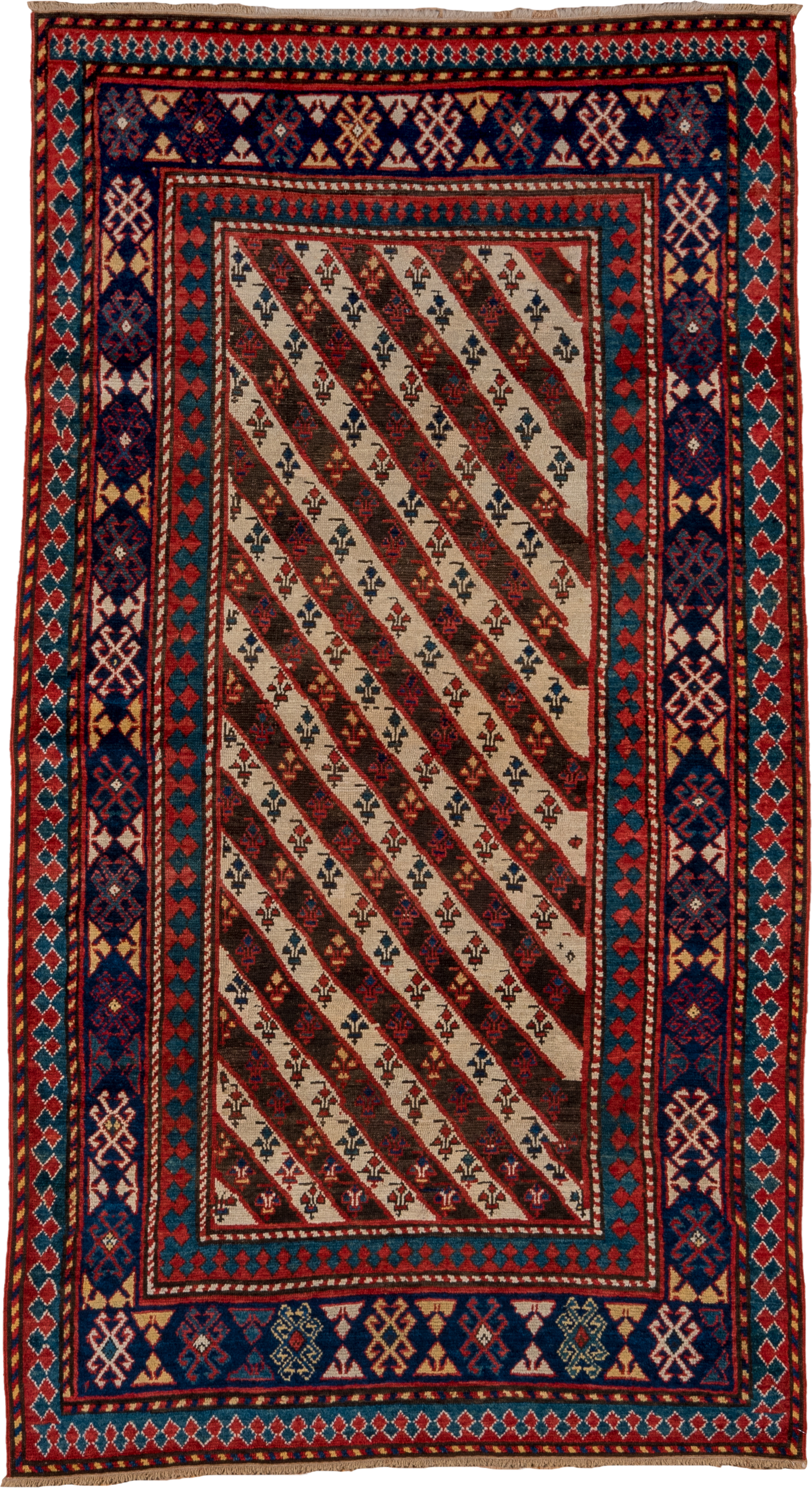 3' x 7' one-of-a-kind handmade vintage Kazak rug. Color palette: ivory, navy, teal, rust, crimson, gold, blue, terracotta