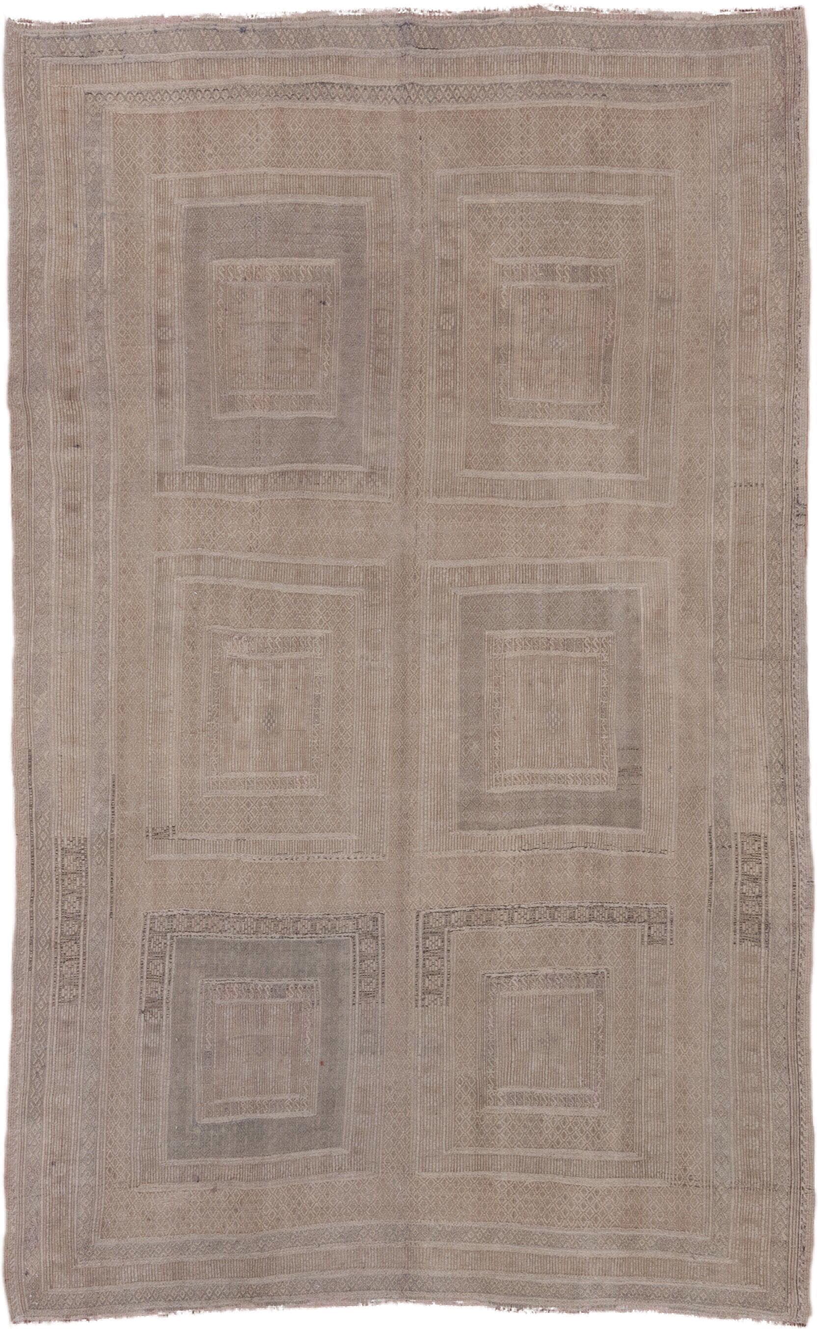 5' x 9' one-of-a-kind handmade vintage Jijim medium size rug. Color palette: taupe, beige, ivory, camel, greige, gray