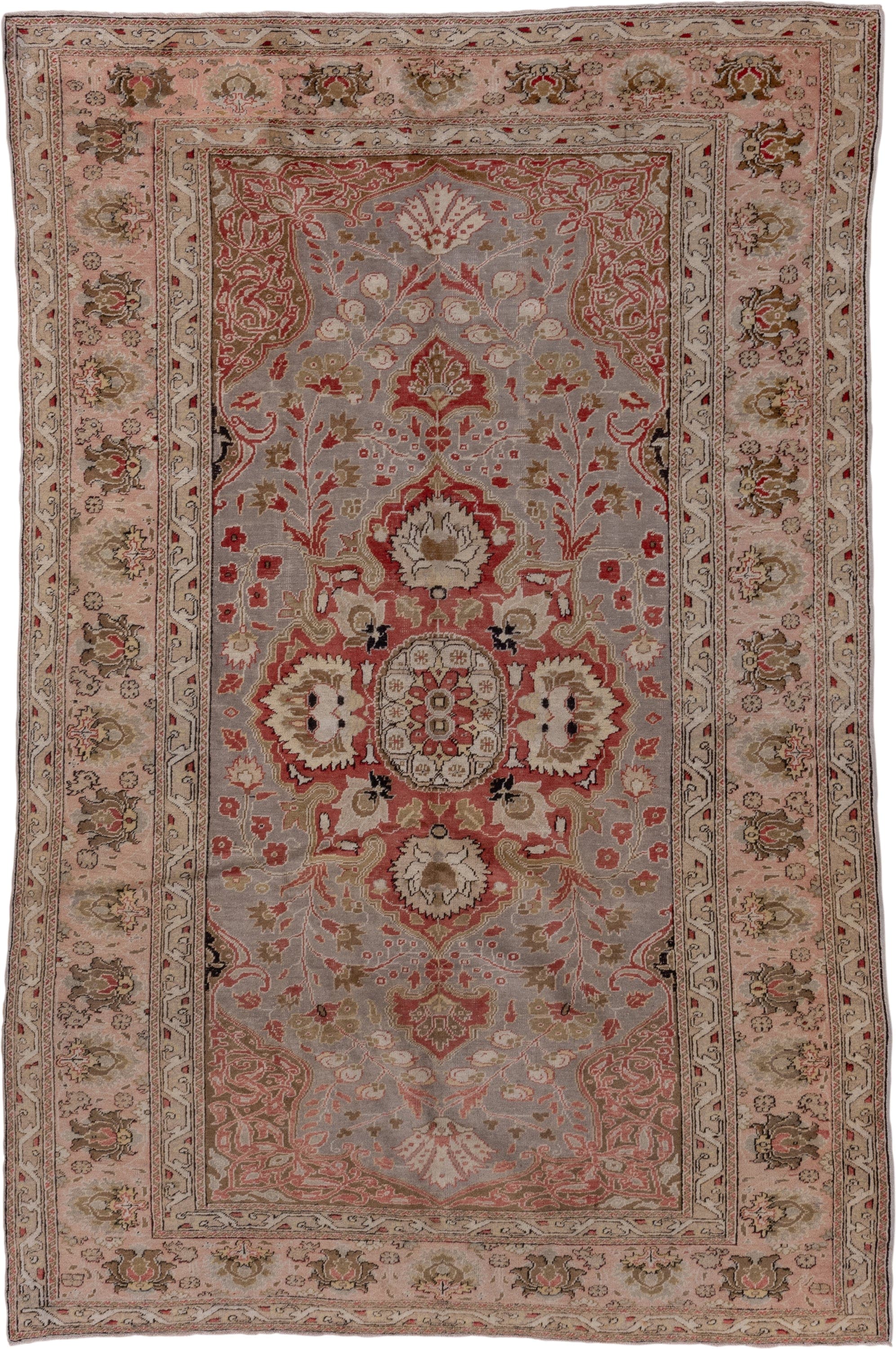 6' x 9' one-of-a-kind handmade vintage Oushak medium size rug. Color palette: taupe, blush, ivory, coral, beige, sage, brown