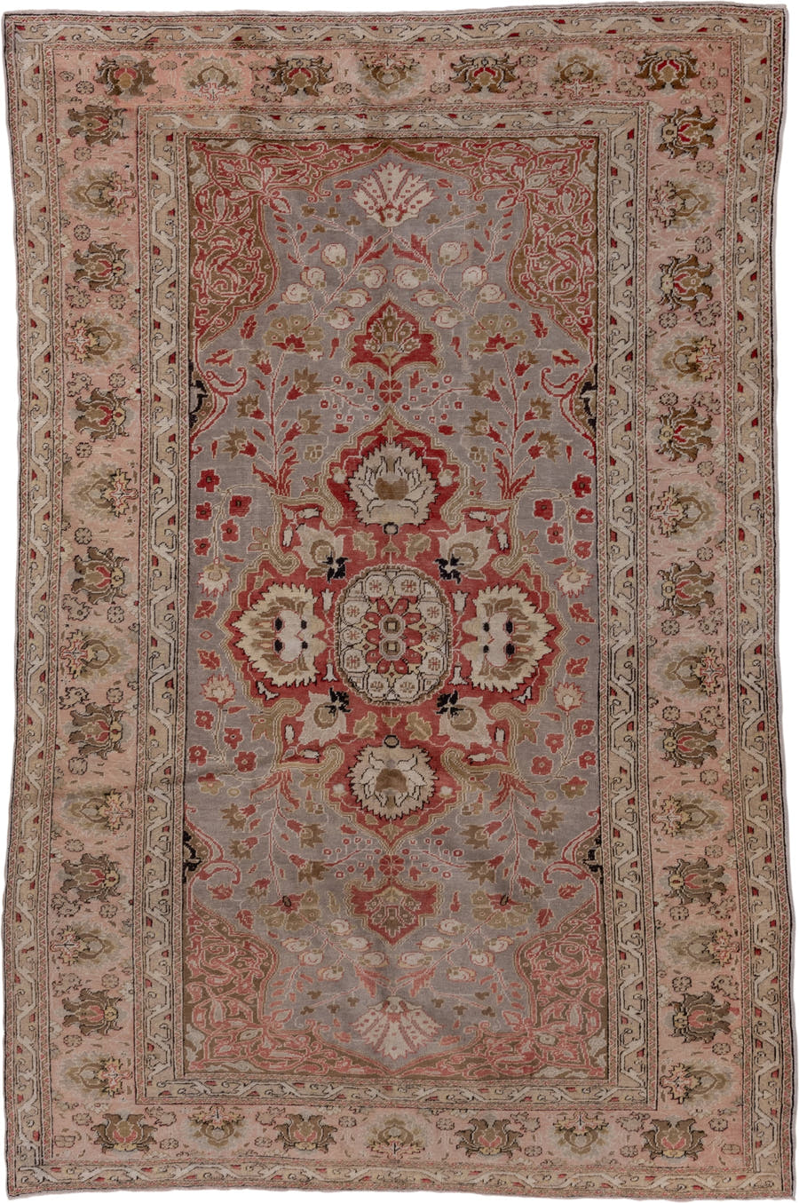 6' x 9' one-of-a-kind handmade vintage Oushak medium size rug. Color palette: taupe, blush, ivory, coral, beige, sage, brown