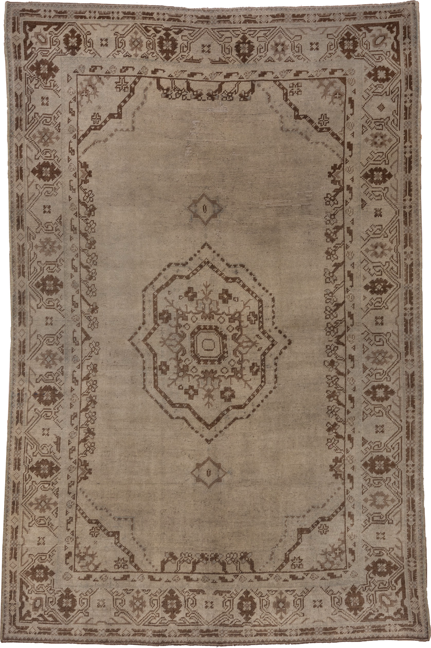 6' x 9' one-of-a-kind handmade vintage Oushak medium size rug. Color palette: taupe, brown, beige, ivory, gray