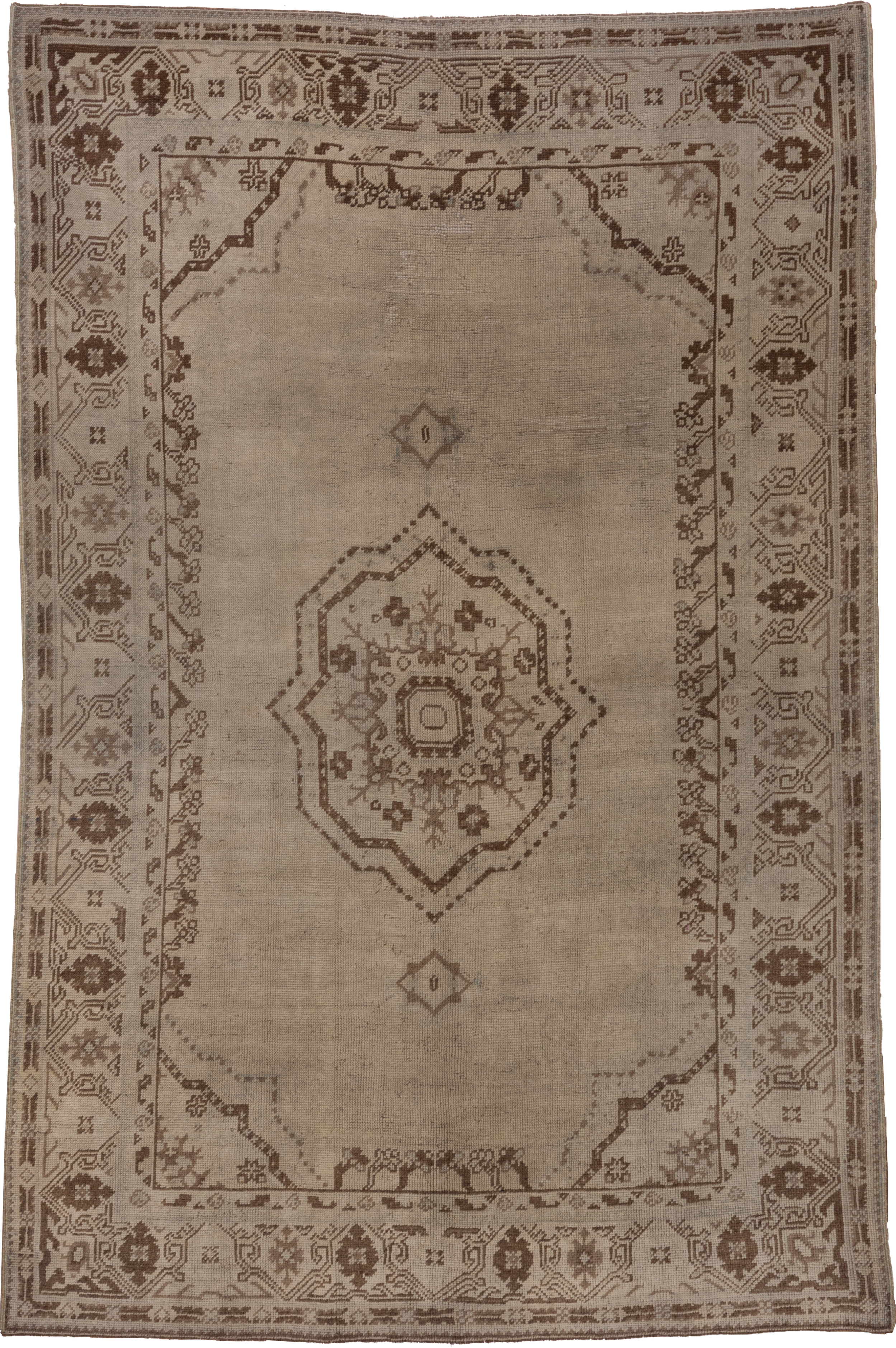 6' x 9' one-of-a-kind handmade vintage Oushak medium size rug. Color palette: taupe, brown, beige, ivory, gray