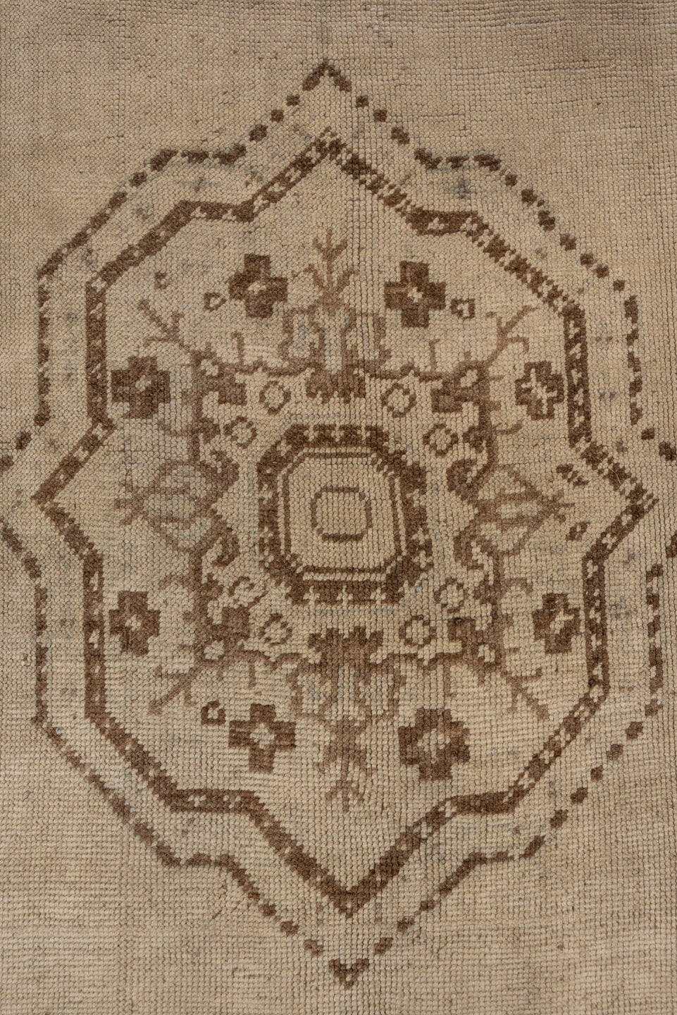 6' x 9' one-of-a-kind handmade vintage Oushak medium size rug. Color palette: taupe, brown, beige, ivory, gray