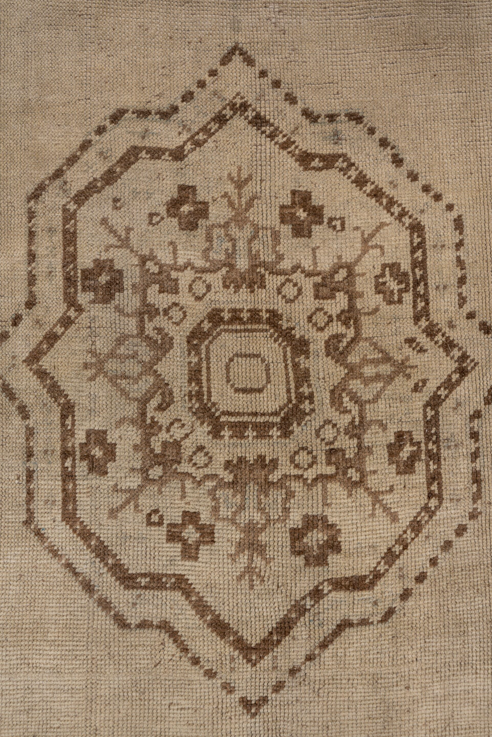 6' x 9' one-of-a-kind handmade vintage Oushak medium size rug. Color palette: taupe, brown, beige, ivory, gray