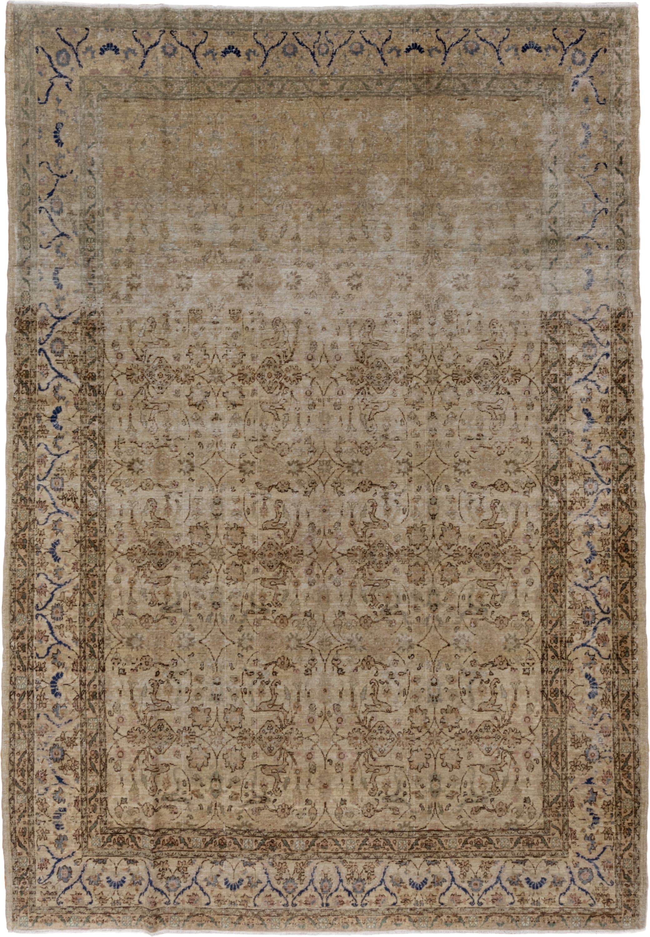 7' x 9' one-of-a-kind handmade vintage Sivas rug. Color palette: beige, taupe, ivory, brown, slate, blue, gray