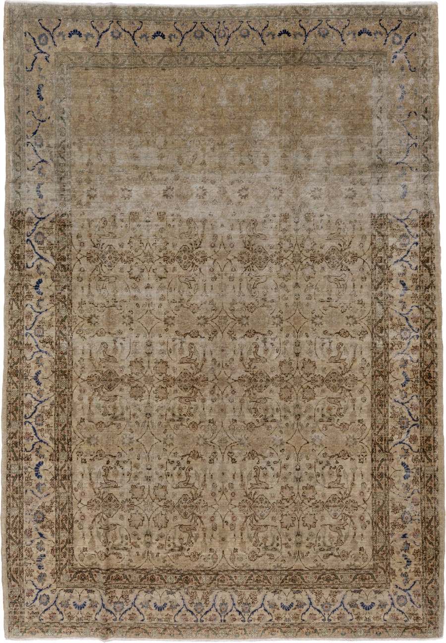 7' x 9' one-of-a-kind handmade vintage Sivas rug. Color palette: beige, taupe, ivory, brown, slate, blue, gray