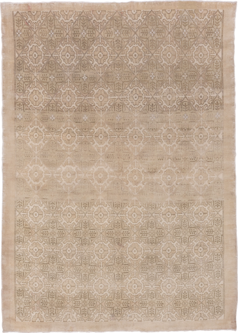 5' x 8' one-of-a-kind handmade vintage Oushak medium size rug. Color palette: beige, ivory, taupe, sand, camel, gray