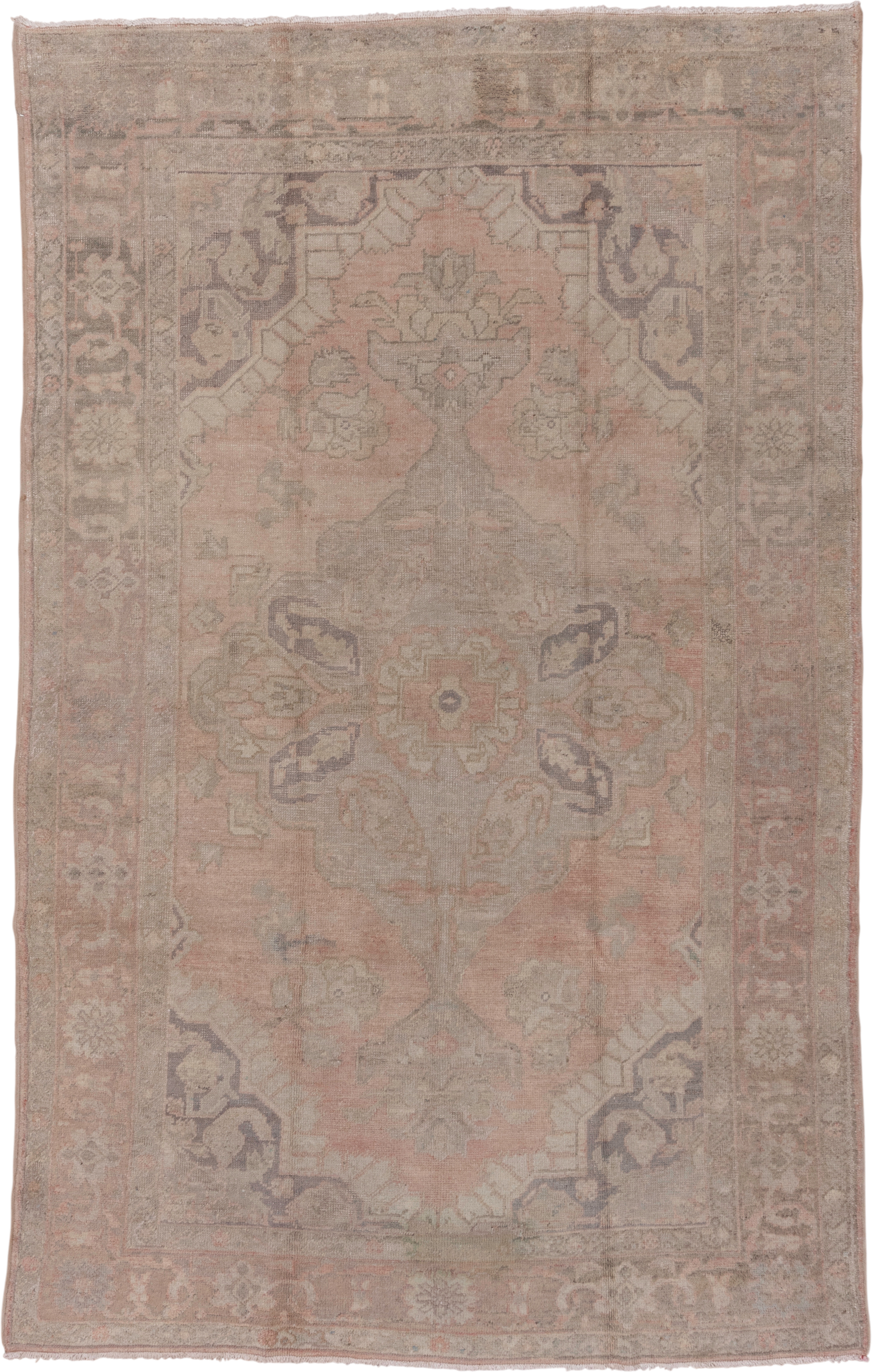 6' x 10' one-of-a-kind handmade vintage Oushak large size rug. Color palette: blush, taupe, ivory, sage, lavender, rose