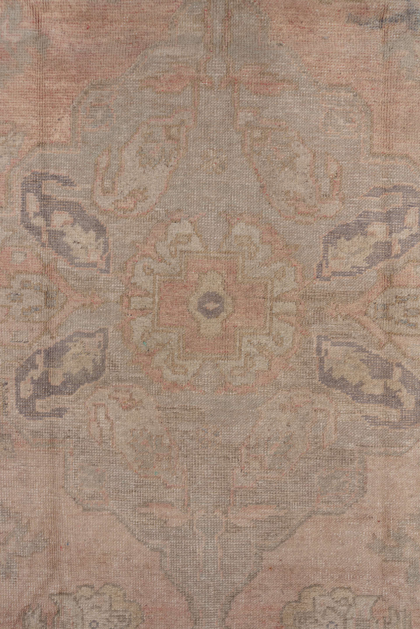 6' x 10' one-of-a-kind handmade vintage Oushak large size rug. Color palette: blush, taupe, ivory, sage, lavender, rose