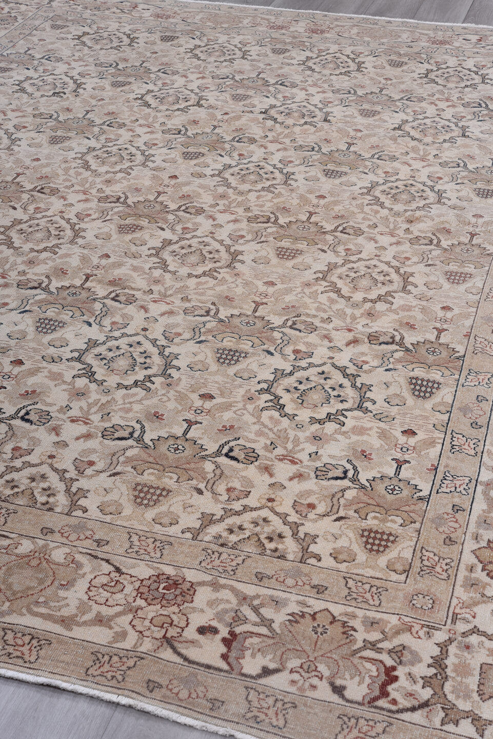 8' x 11' one-of-a-kind handmade antique Sivas large size rug. Color palette: ivory, taupe, beige, rose, slate, camel, rust