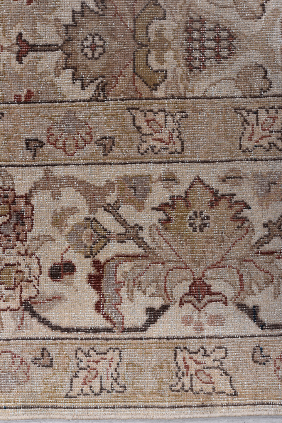 8' x 11' one-of-a-kind handmade antique Sivas large size rug. Color palette: ivory, taupe, beige, rose, slate, camel, rust