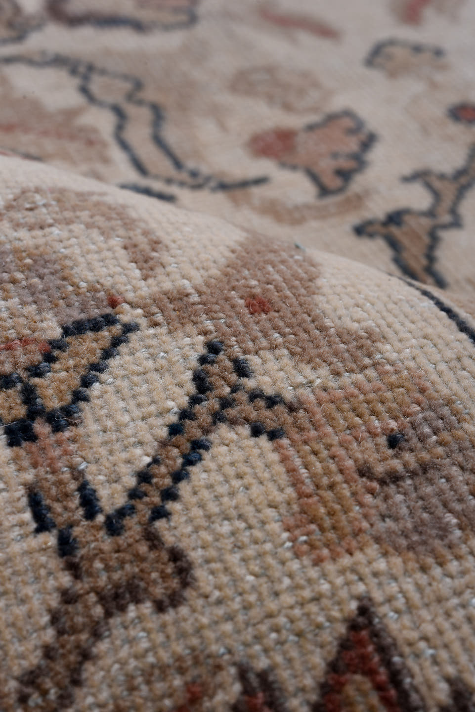 8' x 11' one-of-a-kind handmade antique Sivas large size rug. Color palette: ivory, taupe, beige, rose, slate, camel, rust