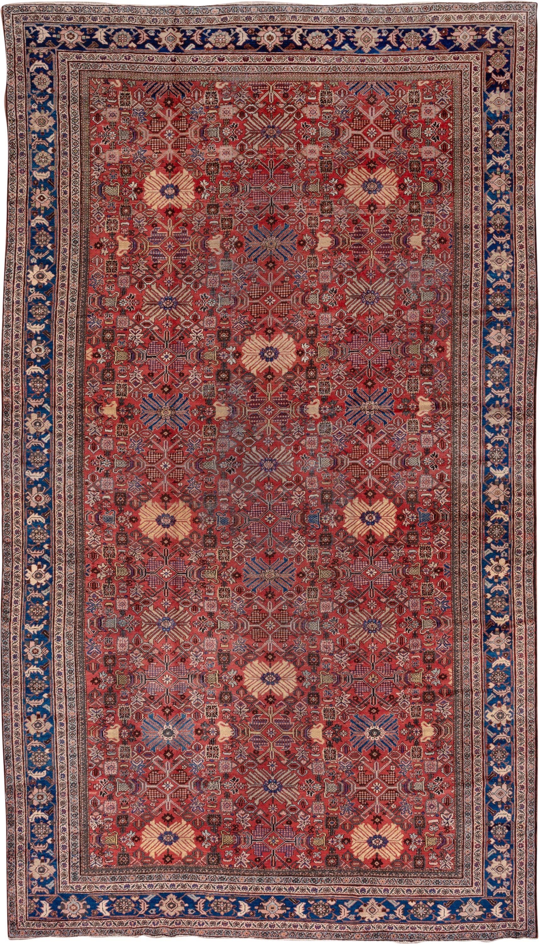 11' x 19' one-of-a-kind handmade vintage Mahal oversize rug. Color palette: red, navy, ivory, slate, rose, camel, charcoal
