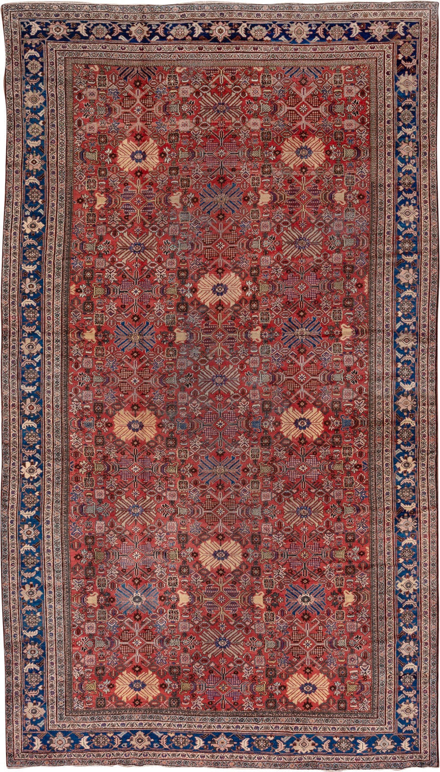 11' x 19' one-of-a-kind handmade vintage Mahal oversize rug. Color palette: red, navy, ivory, slate, rose, camel, charcoal