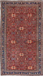 11' x 19' one-of-a-kind handmade vintage Mahal oversize rug. Color palette: red, navy, ivory, slate, rose, camel, charcoal