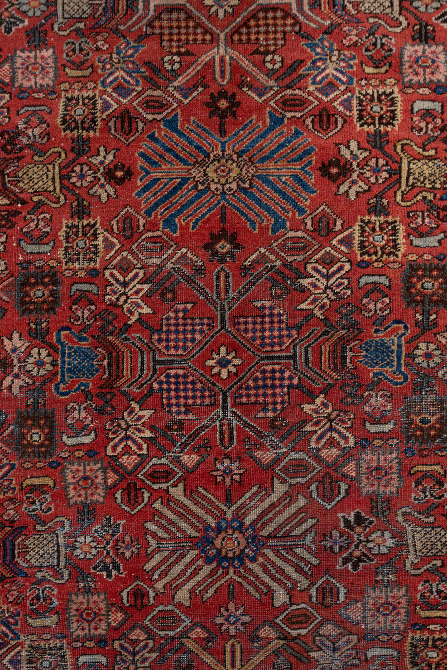 11' x 19' one-of-a-kind handmade vintage Mahal oversize rug. Color palette: red, navy, ivory, slate, rose, camel, charcoal