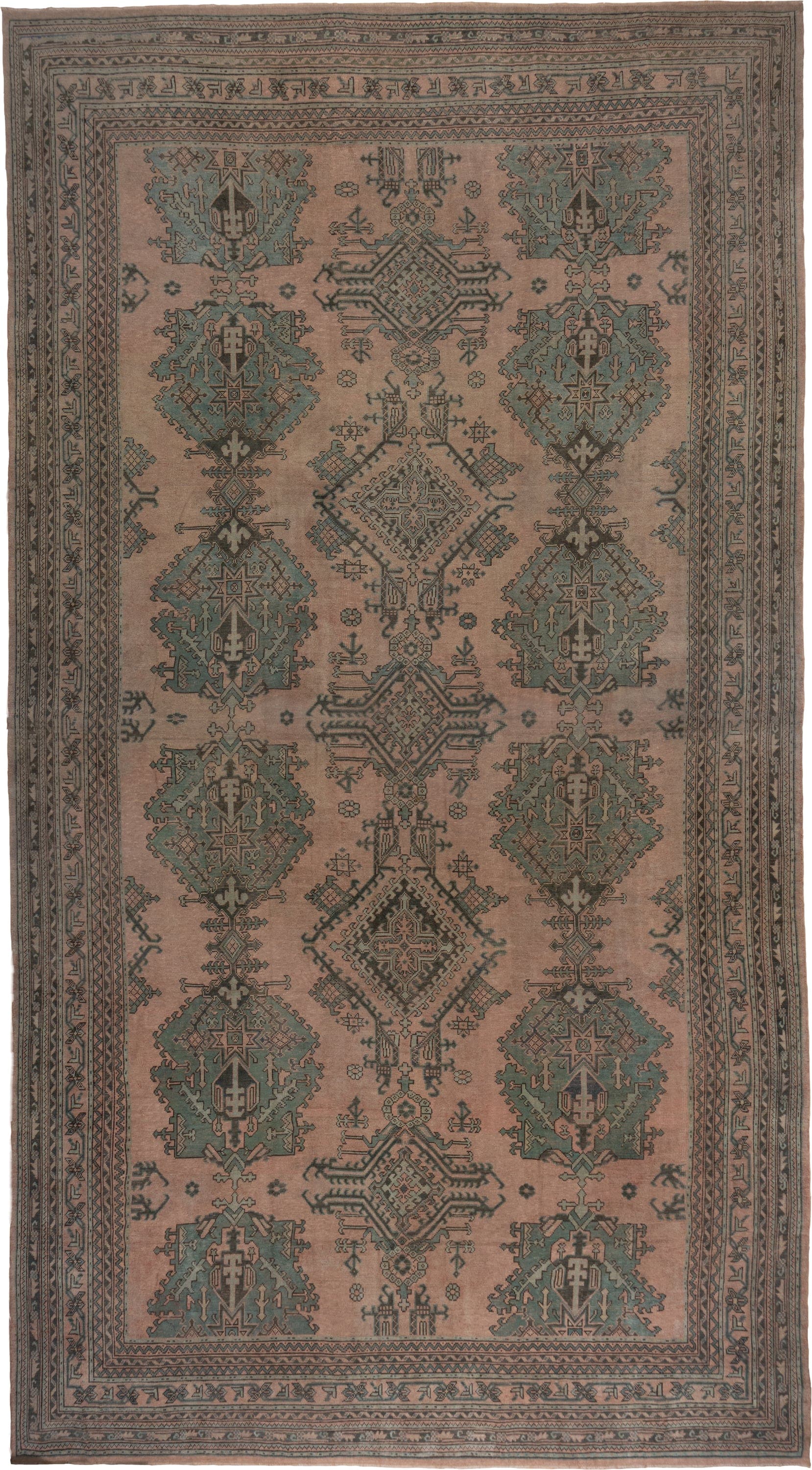 13' x 23' one-of-a-kind handmade vintage Oushak oversize rug. Color palette: taupe, dusty rose, teal, charcoal, brown, sage
