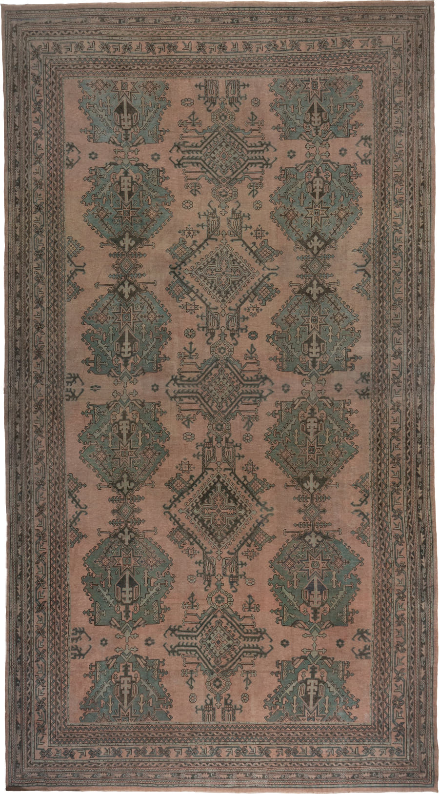 13' x 23' one-of-a-kind handmade vintage Oushak oversize rug. Color palette: taupe, dusty rose, teal, charcoal, brown, sage