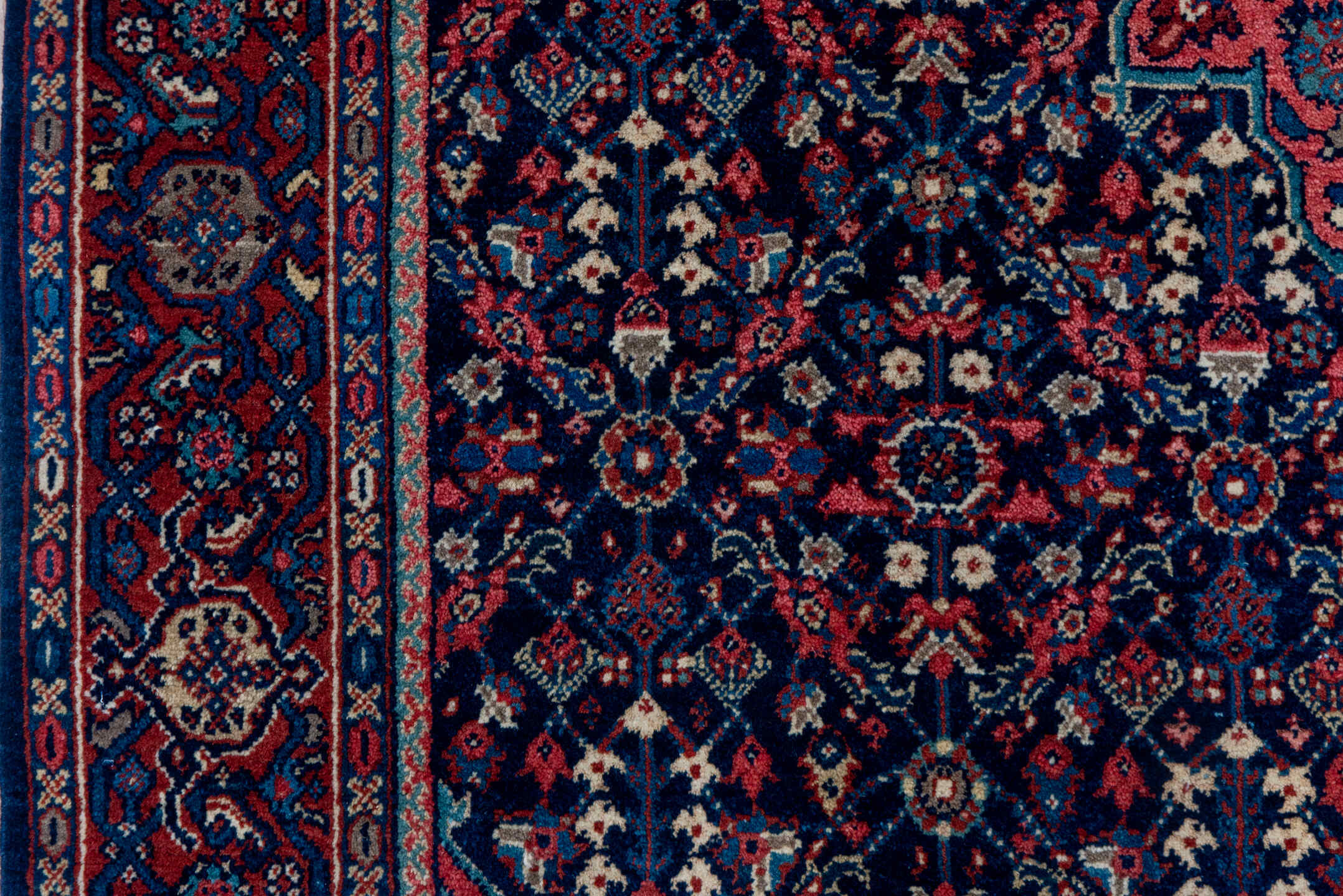 4' x 6' one-of-a-kind handmade antique Meighan small size rug. Color palette: navy, rust, ivory, crimson, slate, coral, blue