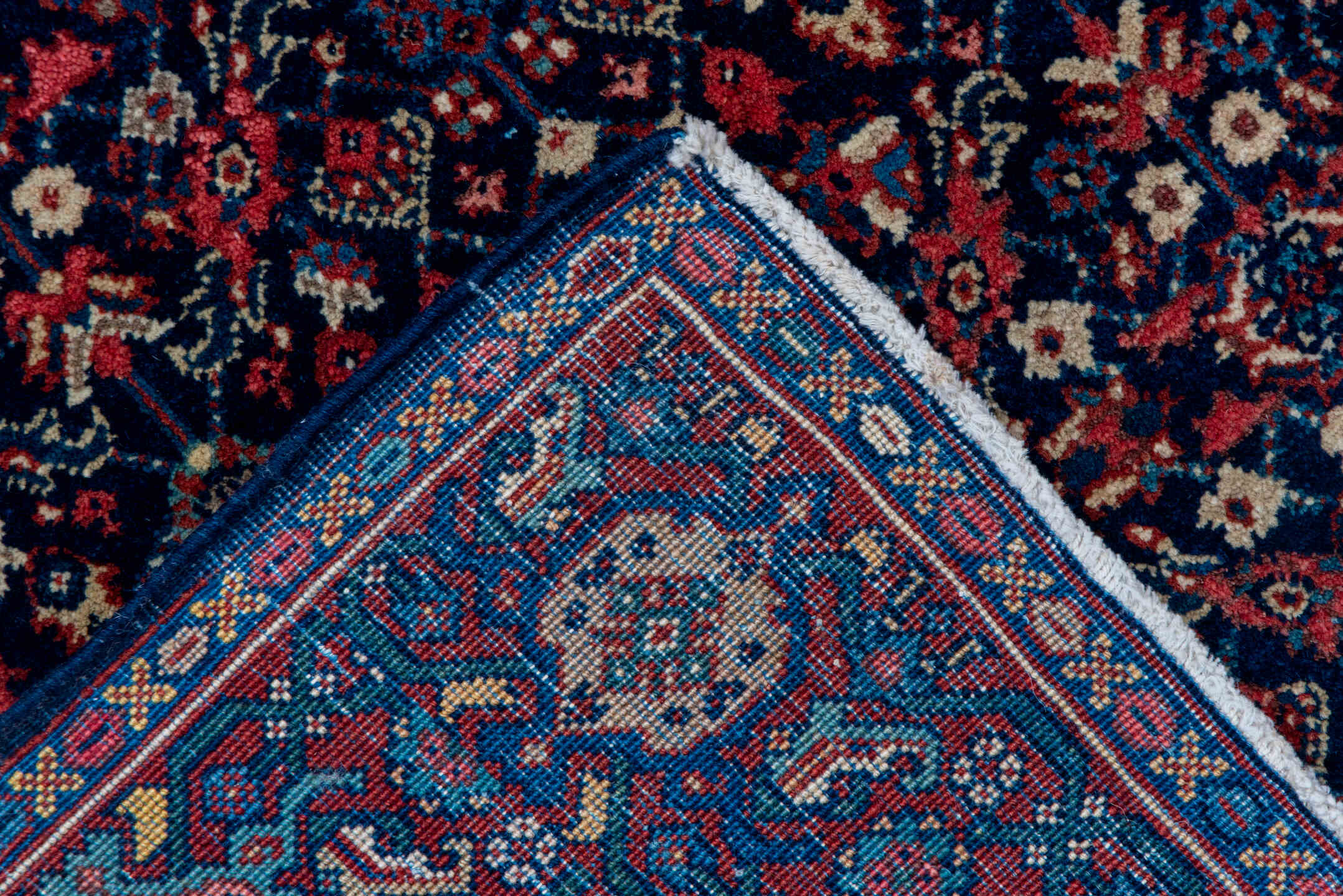 4' x 6' one-of-a-kind handmade antique Meighan small size rug. Color palette: navy, rust, ivory, crimson, slate, coral, blue