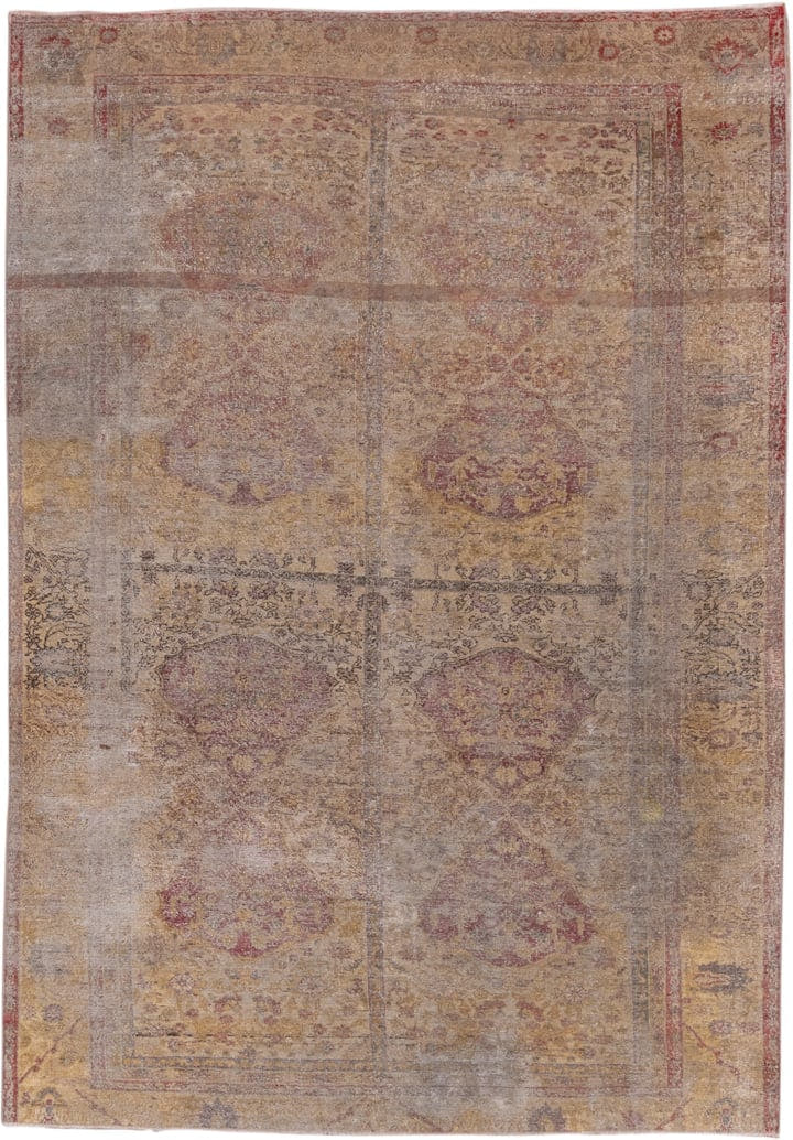 5' x 8' one-of-a-kind handmade vintage Sivas medium size rug. Color palette: tan, taupe, rose, gold, beige, dusty pink