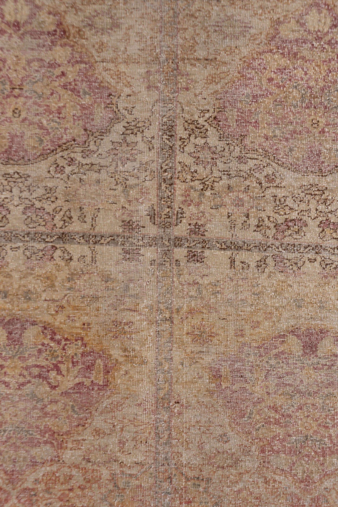 5' x 8' one-of-a-kind handmade vintage Sivas medium size rug. Color palette: tan, taupe, rose, gold, beige, dusty pink