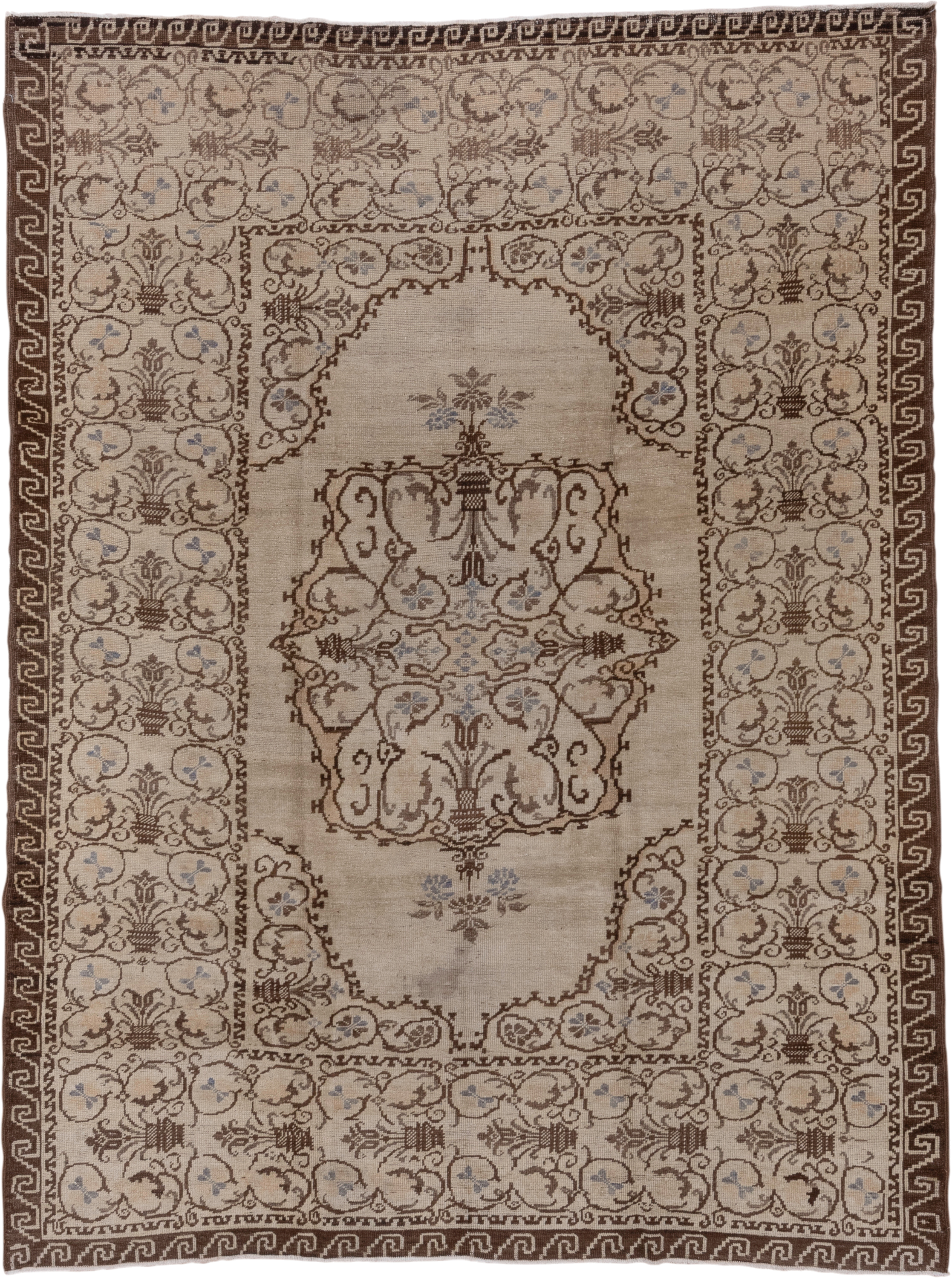6' x 9' one-of-a-kind handmade vintage Oushak medium size rug. Color palette: ivory, brown, taupe, pale blue, beige, gray