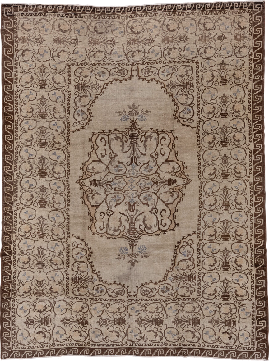 6' x 9' one-of-a-kind handmade vintage Oushak medium size rug. Color palette: ivory, brown, taupe, pale blue, beige, gray