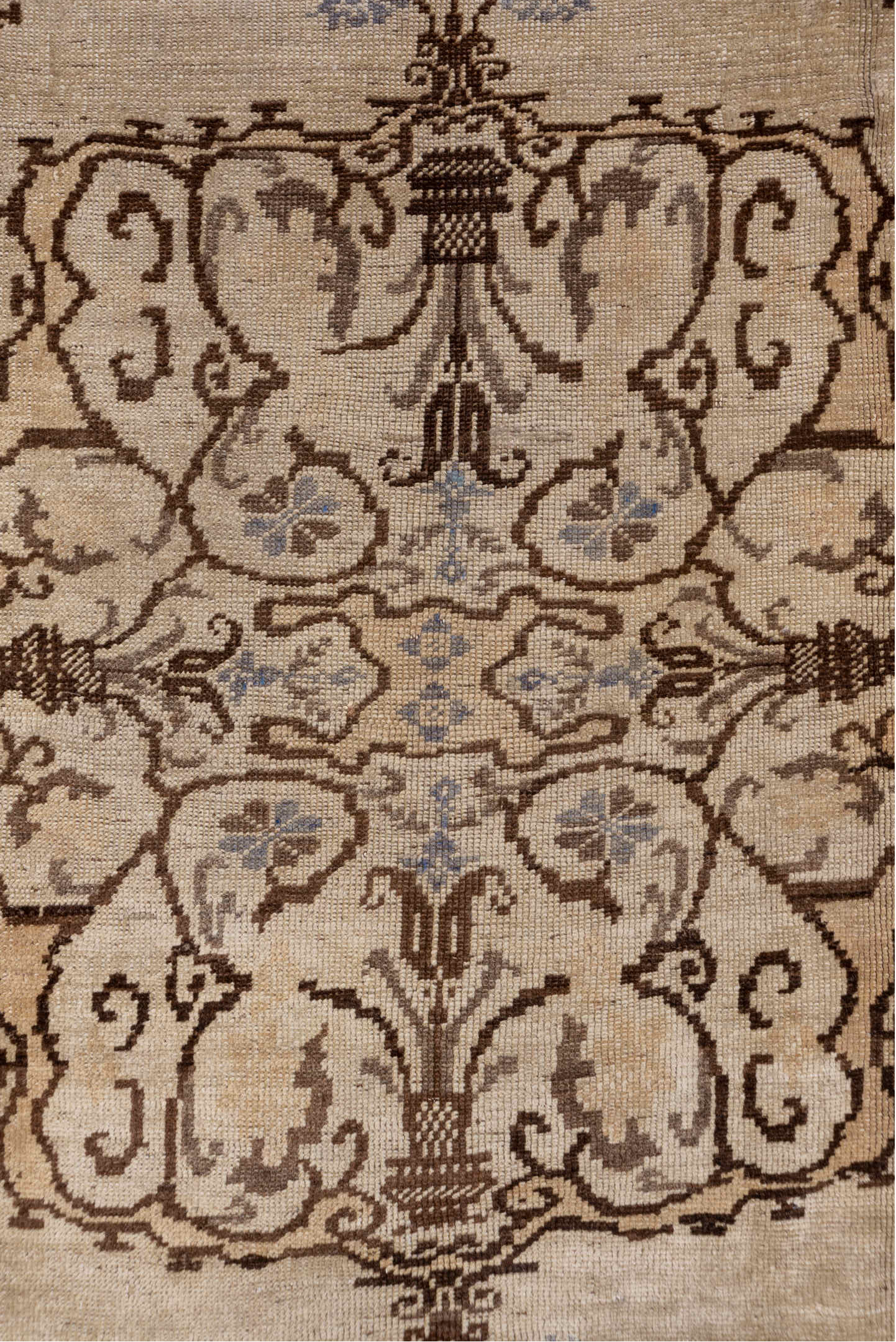 6' x 9' one-of-a-kind handmade vintage Oushak medium size rug. Color palette: ivory, brown, taupe, pale blue, beige, gray