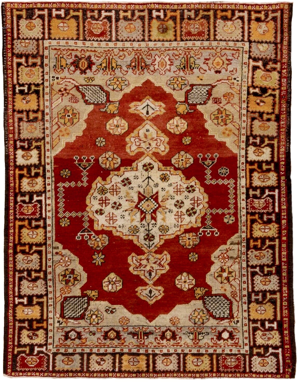 3' x 4' one-of-a-kind handmade vintage Oushak small size rug. Color palette: rust, ivory, burgundy, gold, camel, charcoal