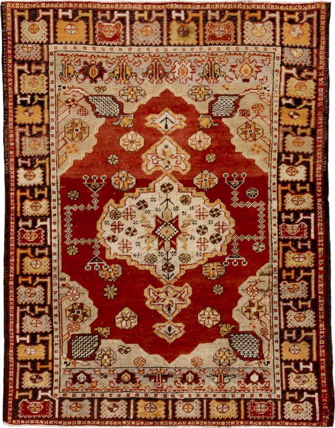 3' x 4' one-of-a-kind handmade vintage Oushak small size rug. Color palette: rust, ivory, burgundy, gold, camel, charcoal