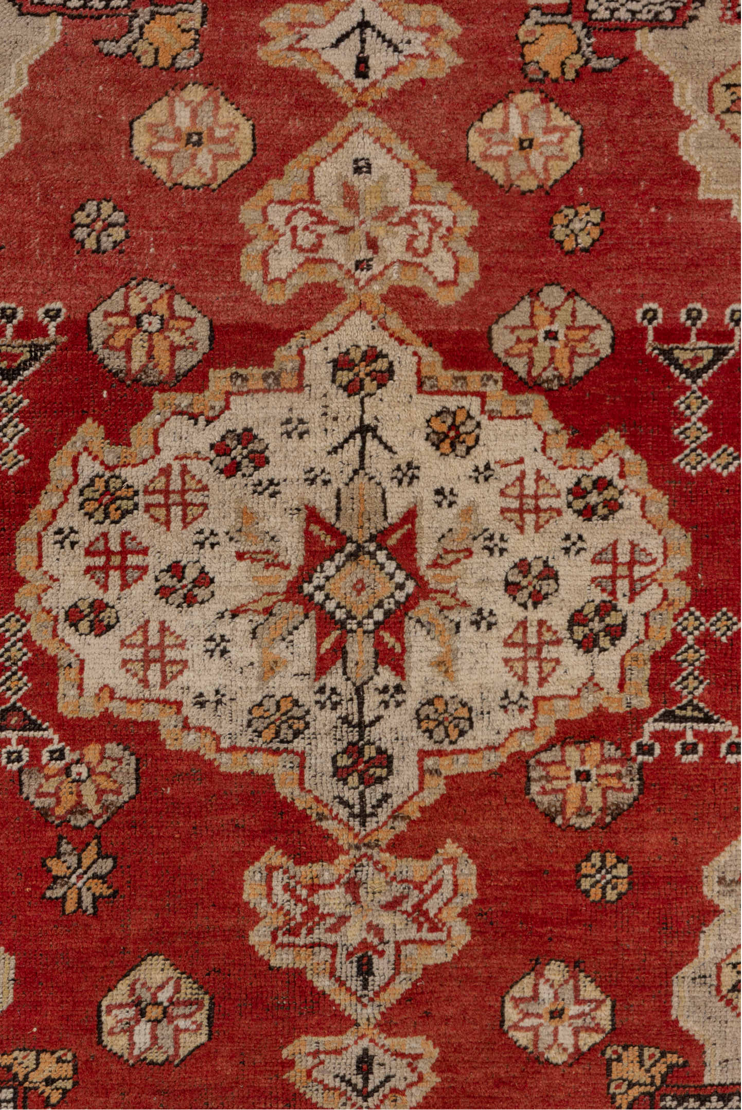 3' x 4' one-of-a-kind handmade vintage Oushak small size rug. Color palette: black, brown, maroon, off-white, orange, pink