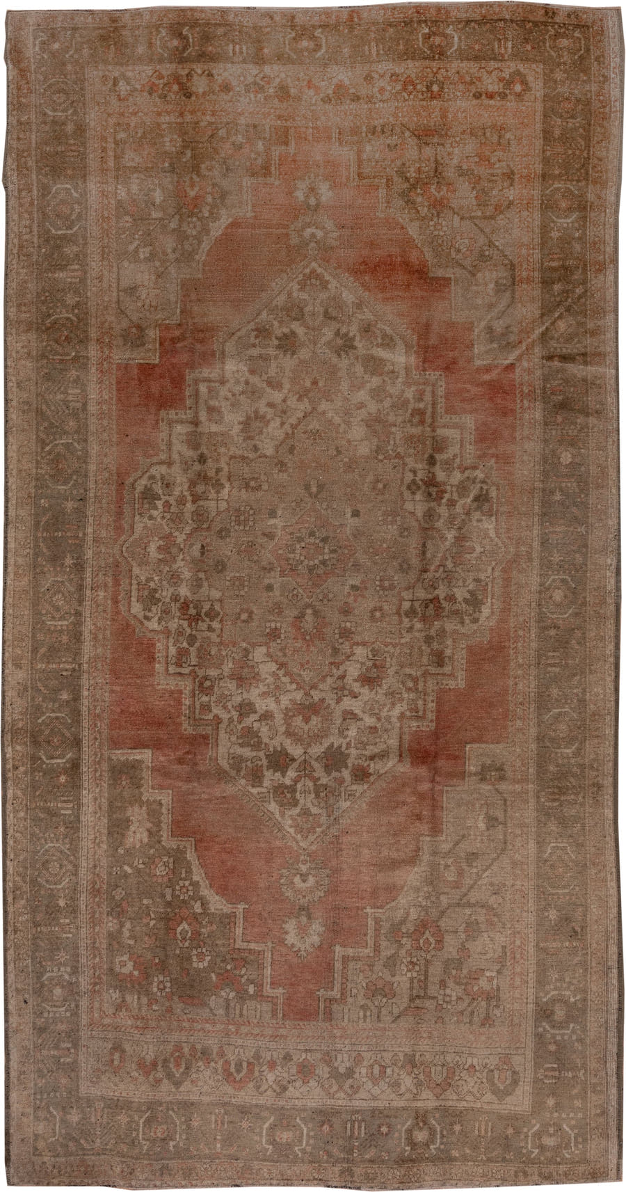 6' x 11' one-of-a-kind handmade vintage Oushak large size rug. Color palette: taupe, terracotta, rose, beige, brown, ivory