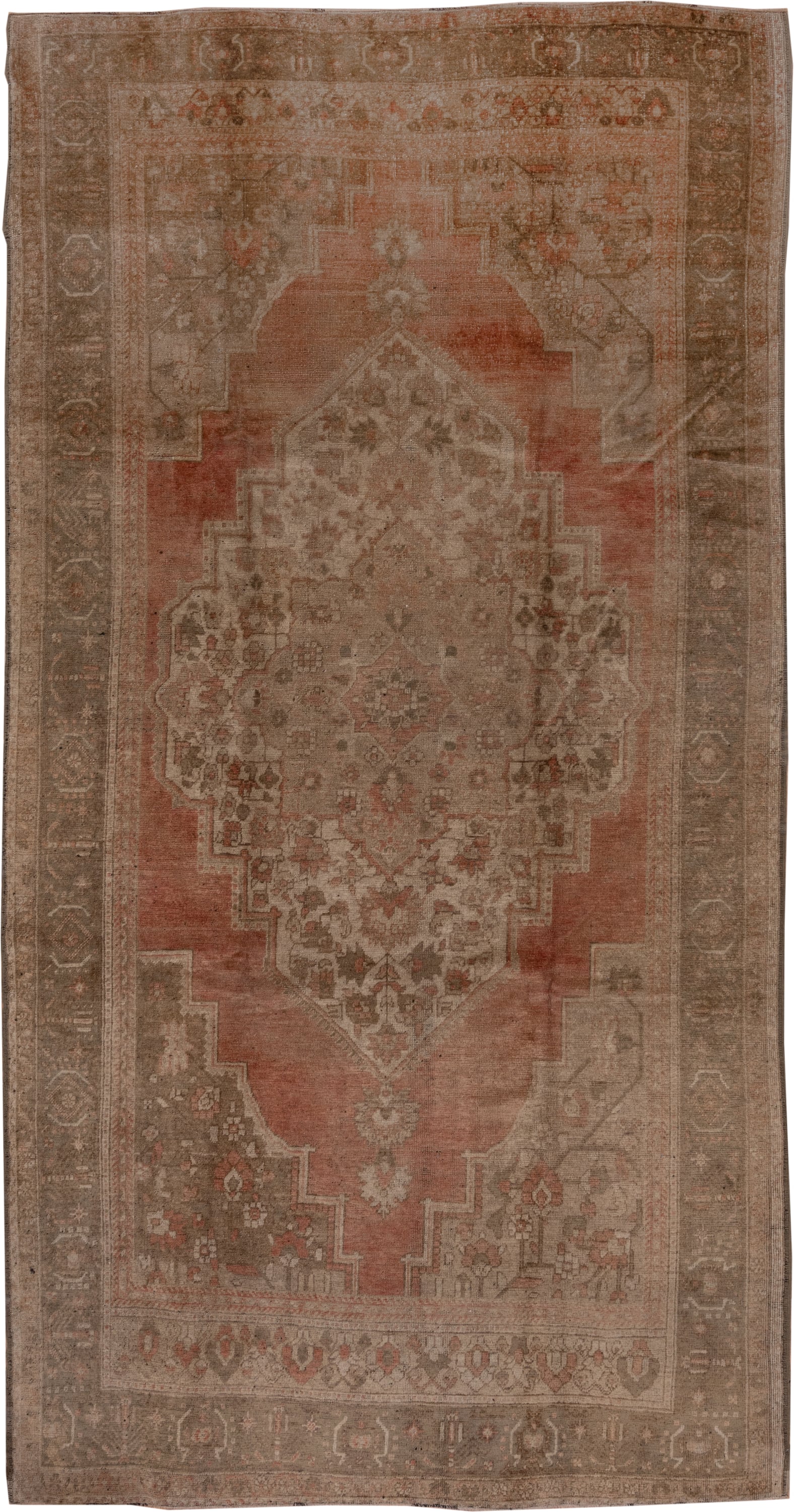 6' x 11' one-of-a-kind handmade vintage Oushak large size rug. Color palette: taupe, terracotta, rose, beige, brown, ivory